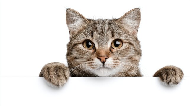 A playful cat looks over a blank surface showcasing curiosity and innocence in its expression.