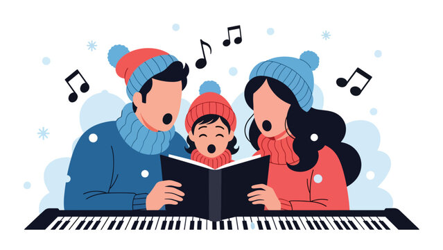 Family singing Christmas carols together during holiday celebrations. Perfect for joyful winter traditions, festive music, and family community spirit