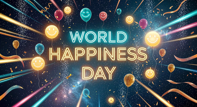World Happiness Day: A Joyful Celebration Featuring Smiley Balloons, Streamers, and Starry Night Background Promoting Positivity and Global Well-Being