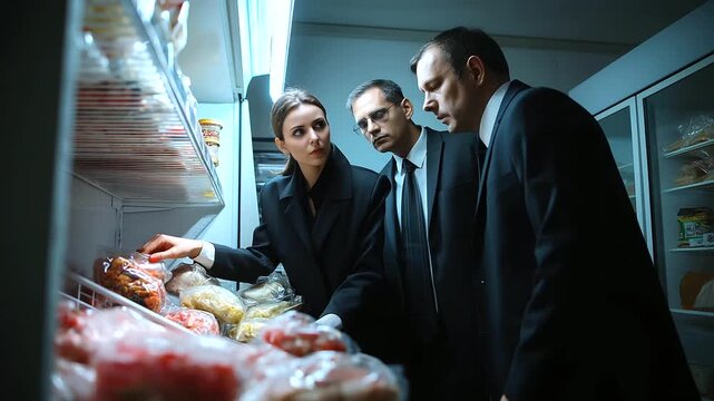 A dramatic refrigerator crime scene in the office kitchen, missing lunches, coworkers investigating, moody spotlight on shelves, realistic textures, blurred background, with copy space