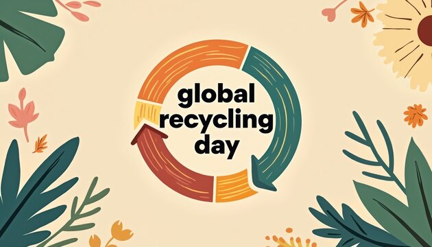 Celebration of eco friendly global recycling day. Ecology awareness illustration. Cycle arrow with text, plants symbolize environment protection. Reuse resources for earth preservation. Promote