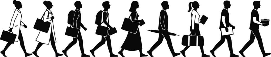 Walking professional silhouettes, business people, black vector, briefcase, bag, tray, book, motion, commute, editable, clipart, design, graphic, posture, side view, workforce, routine, bundle