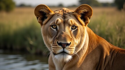 Obraz premium Portrait of a Beautiful lion lion at the waterhole 