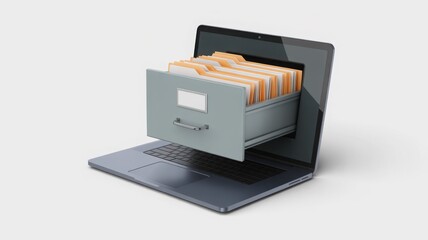Laptop with open drawer file symbolizing digital storage