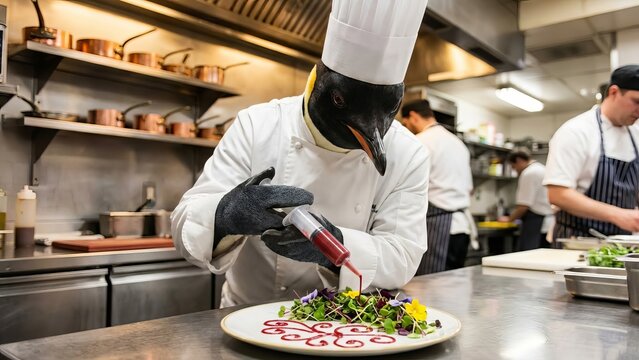 Penguin chef wearing a white toque and uniform meticulously decorating a gourmet dish with a red sauce using a syringe, creating a unique and surreal cooking scene in a commercial restaurant kitchen - Powered by Adobe