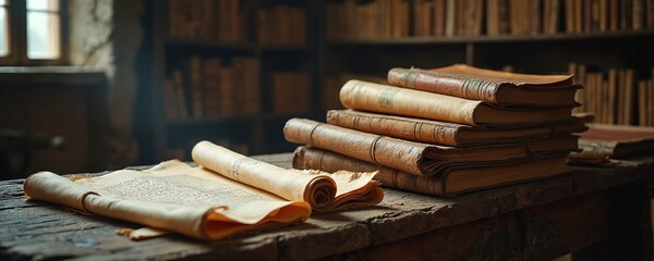 Aged books stack on rustic wooden table. Ancient parchment scroll lays open. Dim light from window illuminates dusty scene. Bookshelves full of old volumes blur in background. Setting suggests