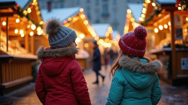 Two toddler girl children standing at a Christmas market looking at the christmas marke, snow, lights, winter season, happy holidays - Powered by Adobe