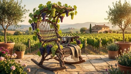 Naklejka premium Rustic rocking chair with ripe grapes creating a tranquil scene on a stone terrace overlooking rolling vineyards and olive trees in the tuscan countryside during late summer