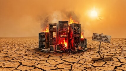 Destroyed data servers in an arid, cracked desert landscape burn with flames and smoke under a hot sun, illustrating concepts of data loss, cyber drought, and digital apocalypse