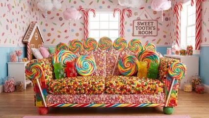 Whimsical fantasy room designed for a sweet tooth, featuring a sofa covered in colorful jelly beans and lollipops, alongside various candies and a gingerbread house