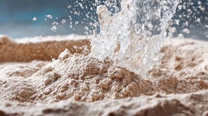 Flour forms a soft mound while water cascades down creating an artful mix in the kitchen.