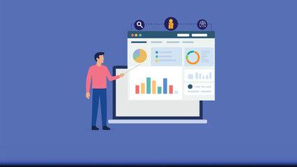 business analytics software, data-driven decision making, and corporate data reporting. The scene highlights business professionals analyzing charts, graphs, and digital dashboards