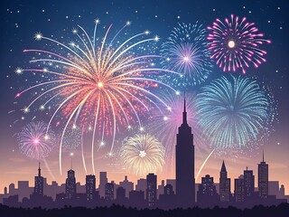 Vibrant fireworks display over a city skyline at night