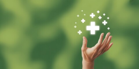 Hand Presenting Health Symbol: A hand gently presents a glowing health symbol, representing health, wellness, and care against a backdrop of natural green, illustrating concepts of health, well-being.