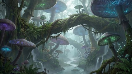 Fototapeta premium Bioluminescent mushrooms illuminate a mystical fantasy forest landscape, featuring a winding river with small waterfalls and ancient moss-covered trees, creating an otherworldly and magical scene