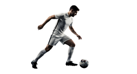 Dynamic soccer player skillfully controlling ball during gameplay for competitive performance