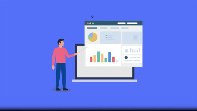 business analytics software, data-driven decision making, and corporate data reporting. The scene highlights business professionals analyzing charts, graphs, and digital dashboards
