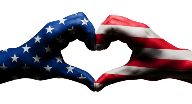Celebrating American pride and unity with hands forming a heart painted with the stars and stripes