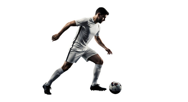 Dynamic soccer player skillfully controlling ball during gameplay for competitive performance