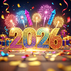 Glittery 2026 new year celebration with fireworks and confetti