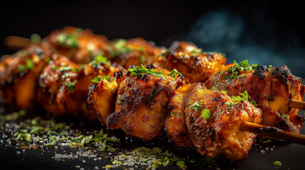 juicy mini chicken kebab pieces threaded on tiny skewers, smoky tandoor-charred texture, sprinkled with coriander