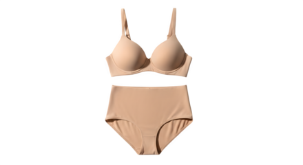 Elegant Beige Lingerie Set Featuring a Comfortable Bra and High-Waisted Panties for Everyday Wear, Isolated on White Background
