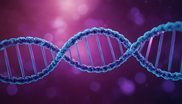 3D illustration of purple DNA double helix structure on dark background, genetics and medical research concept.
