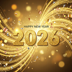 Happy new year 2026 celebration with golden glitter and confetti