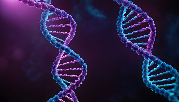 3D illustration of purple DNA double helix structure on dark background, genetics and medical research concept.