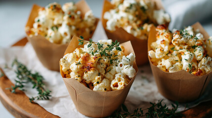 mini popcorn cups with buttery herb seasoning, served in paper cups