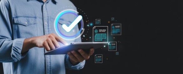 Digital Approval: A professional engages with a tablet, a glowing checkmark representing the completion and verification of digital documents, highlighting efficiency and modern business workflow.