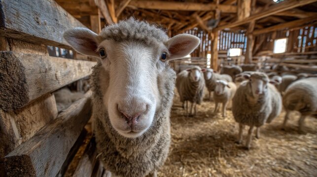 Sheep gather in a rustic barn showcasing their fluffy coats and curious expressions.
