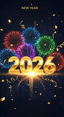 Golden 2026 text with colorful fireworks and confetti celebration