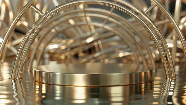 Luxurious 4K abstract podium in gold surrounded by metallic arches and reflective liquid surfaces ideal for product showcases branding animations and high end commercial stock video projects