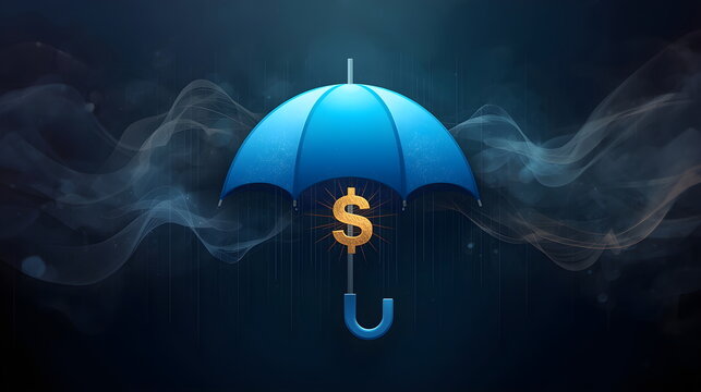 Blue Umbrella Protecting Glowing Dollar Sign from Rain