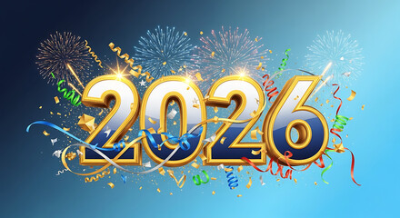 Shiny 2026 new year celebration text with confetti and firework