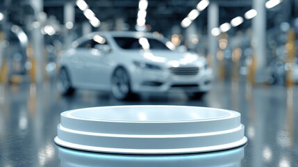 Obraz premium Presentation of Car Wax on Glossy Podium in Modern Garage Illuminated by LED Strips