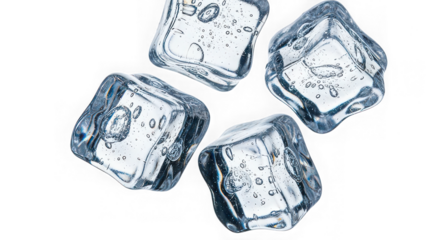Four clear ice cubes with trapped air bubbles isolated on transparent background