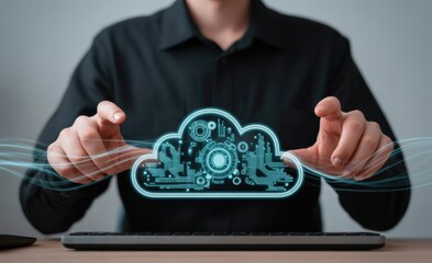 Cloud Computing: A person interacts with an ethereal cloud, representing the ever-evolving world of digital technology. This image illustrates the seamless integration of ideas and innovation.