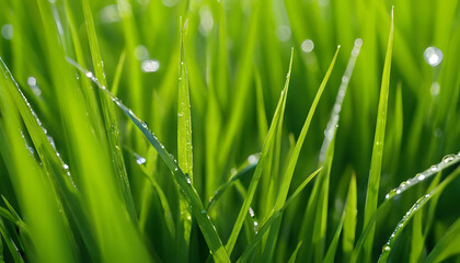 Extreme close up of fresh green grass blades with morning dew drops, nature background, vibrant colors.