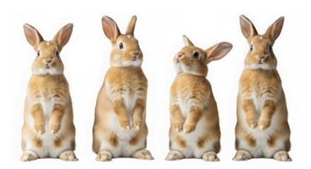 Four cute brown and white rabbits standing up isolated on transparent background