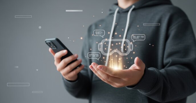 Immersive Reality: A person interacts with a futuristic digital interface, showcasing the captivating fusion of virtual and augmented reality via smartphone.