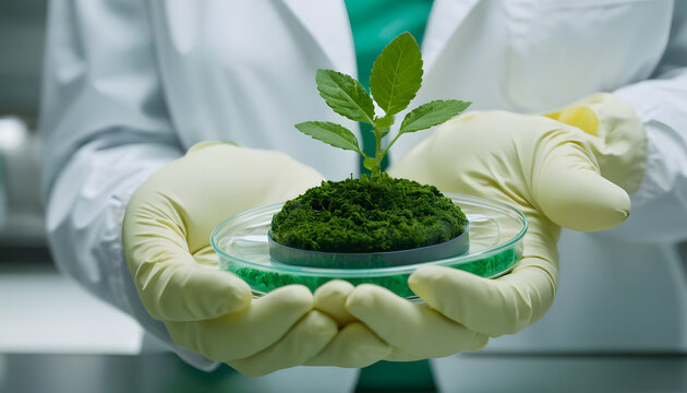 Scientist hands in gloves holding a petri dish with a green plant growing in soil, biotechnology and research concept. - Powered by Adobe