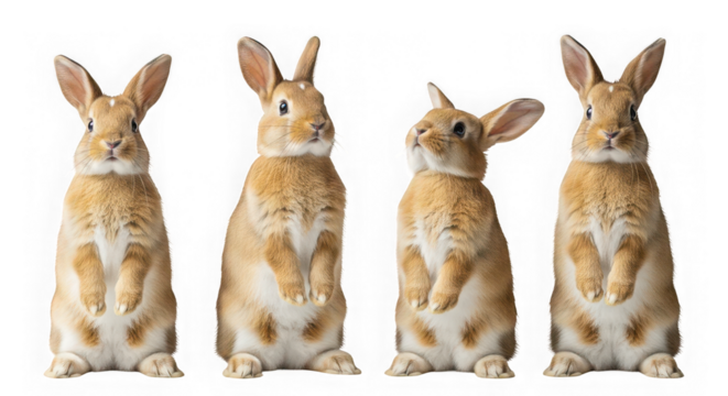 Four cute brown and white rabbits standing up isolated on transparent background