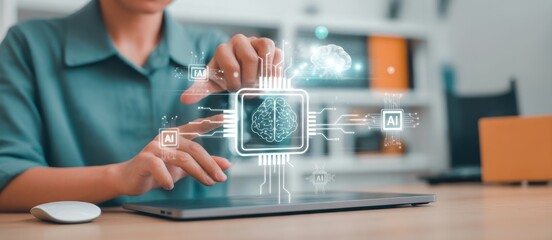 The future in your hand : A person interacting with futuristic interface, showcasing the concepts of artificial intelligence, innovation, and technological advancement.