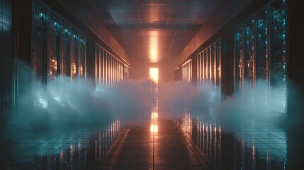 Explore a modern data center with glowing servers, showcasing high-tech infrastructure and advanced computing power for your next project