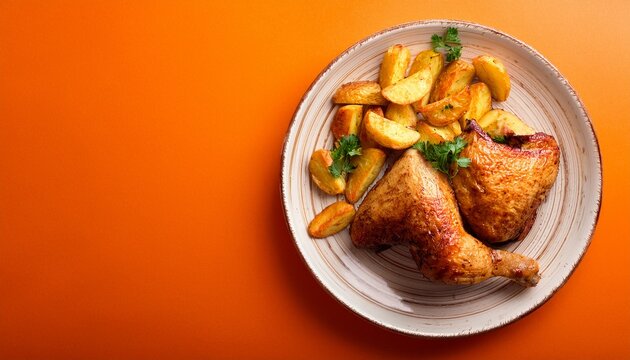 Chicken Kfc And Fried Potatoes On Orange Background Top View Copy Space Plase
