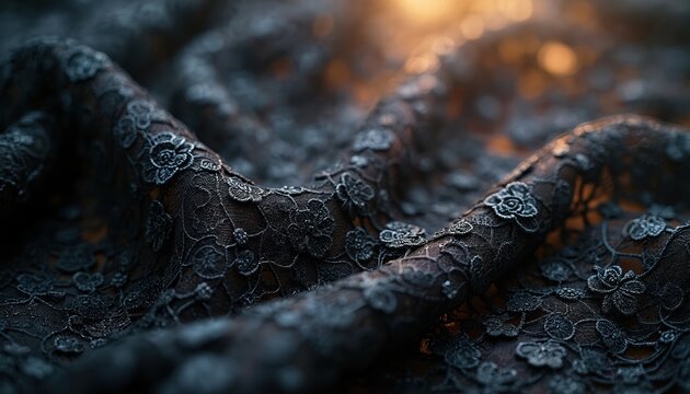 Dark black lace fabric with floral pattern closeup. Textile texture detail shows intricate vintage ornament design. Elegant garment material background soft folds, warm light. Fashion material feels