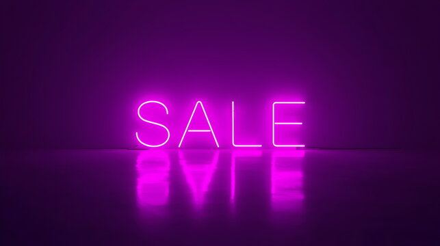 Glowing Purple Neon Sale Sign Text with Floor Reflection