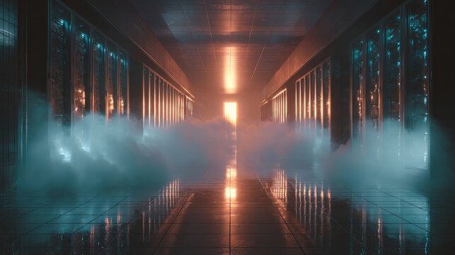 Explore a modern data center with glowing servers, showcasing high-tech infrastructure and advanced computing power for your next project